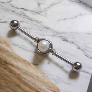 Industrial Barbell - Genuine WHITE Pearl - Loop Industrial Ear Bar - Sterling Silver Wire Wrap - 1 1/4" 1 3/8" 1 1/2" Cartilage Scaffold Bar