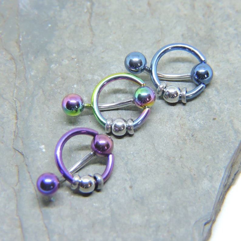 Vertical Hood Piercing Barbell - 14G 12G 10G Slave Ring Style VCH Straight or Curved Bar - Purple Blue Rainbow - Intimate Piercing Jewelry 