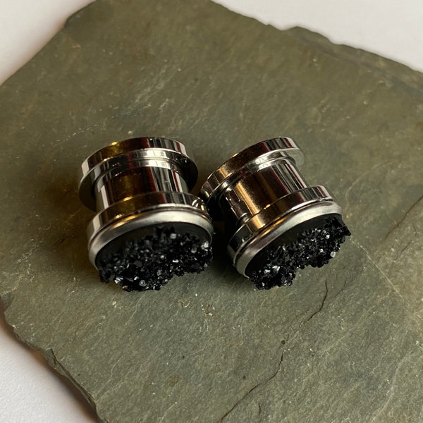 SALE Black Druzy Plugs SET of 2 Bezeled Screw Fit Surgical Steel Plugs - 6g 4mm - 4g 5mm - 2g 6mm - 0 Gauge 8mm - 00G 10mm - 1/2" 12mm