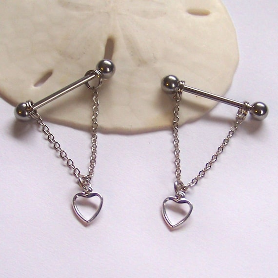 Nipple Barbells with Chain and Heart Set of 2 16 or 14 or 12 Gauge Nipple Barbells Dainty Nipple Piercing Half Shield Choose Length