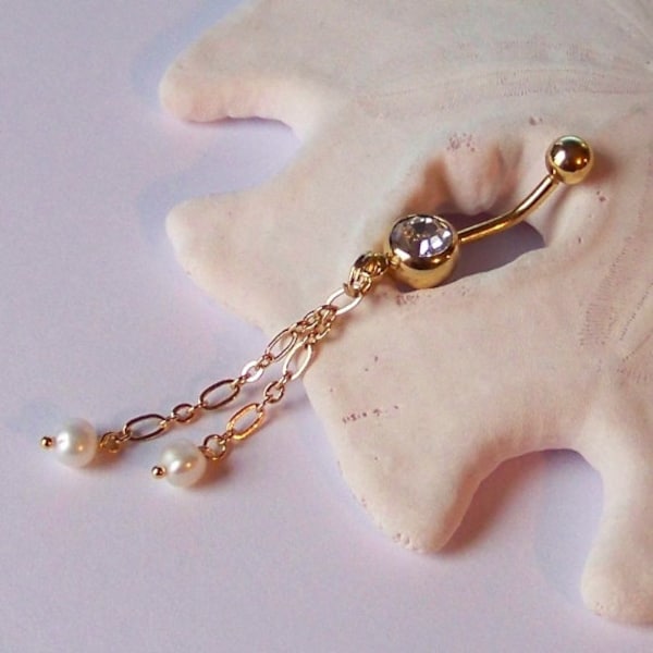 Gold Belly Button Jewelry - Belly Button Ring - Genuine Pearl and Gold Figaro Chain Belly Button Jewelry