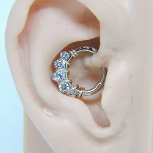 Septum Clicker Nose Ring Hoop - 16G 3/8" Daith Clicker Septum Ring - Silver With CZ Diamond Crystals - Sterling or 14K Gold Fill Wrap