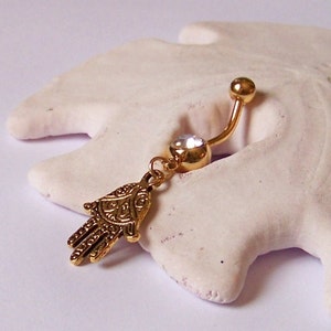 ONLY 3 LEFT Gold Belly Button Ring Gold Belly Jewelry Gold Fatima Hand on Single Jeweled Barbell Made to Order image 2