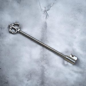 May include: A silver ornate key with a decorative head and a simple, straight shaft.