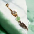 Gold Belly Button Ring Jewelry 14G 7/16" Leaf Charm with Crystal