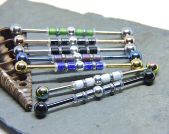 Industrial Piercing Barbell - Beaded 14G Scaffold Ear Bar - Silver Blue Black Rainbow Rose or Yellow Gold - 11 Bead Colors - Upper Ear Bar
