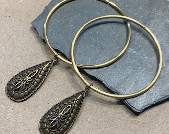 LIMITED EDITION Set of 2 Detachable Hammered Tunnel Hoops with Gold Drop - 12G Brass HOOPS - 2” Ear Weights Hangers