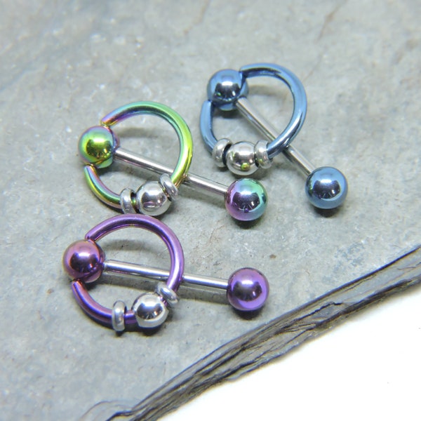 Tongue Barbell 14G 12G 10G Slave Ring Bar - Blue Purple or Rainbow Tongue Ring Piercing Jewelry - 3 Color Choices - Tongue Cheek Conch Bar