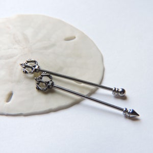 Industrial Barbell - Silver TRIDENT Upper Ear Bar - Spike or Ball End - Double Pierced Earring - 14G 1 1/2&quot;  Ear Piercing - Scaffold Jewelry