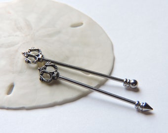 Industrial Barbell - Silver TRIDENT Upper Ear Bar - Spike or Ball End - Double Pierced Earring - 14G 1 1/2"  Ear Piercing - Scaffold Jewelry