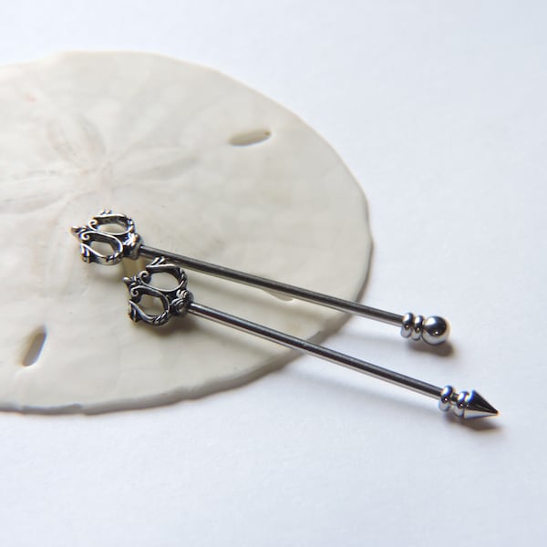 Industrial Barbell - Silver TRIDENT Upper Ear Bar - Spike or Ball End - Double Pierced Earring - 14G 1 1/2"  Ear Piercing - Scaffold Jewelry