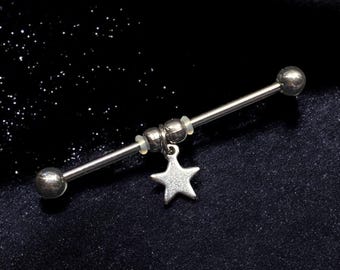 Industrial Barbell - Star Charm Upper Ear Bar - Double Pierced Earring - 14G 1 1/4” 1 3/8” 1 1/2&quot;  Ear Piercing - Scaffold Jewelry