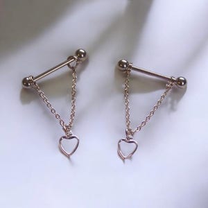 Nipple Barbells with Chain and Heart - Set of 2 - 16 or 14 or 12 Gauge Nipple Barbells - Dainty Nipple Piercing Half Shield - Choose Length