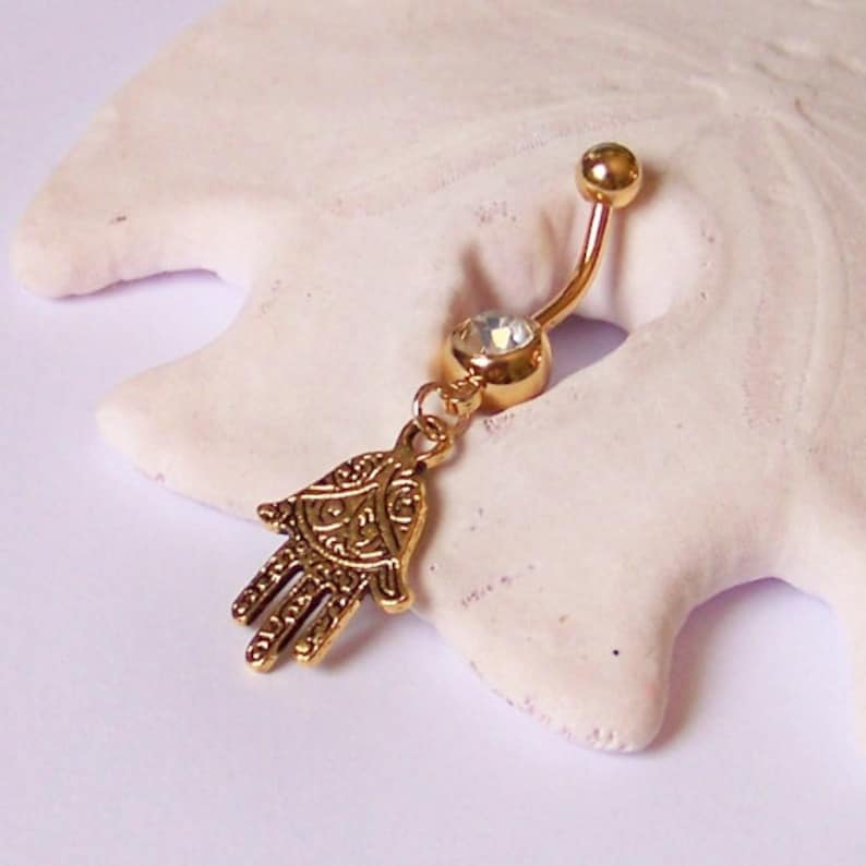 ONLY 3 LEFT Gold Belly Button Ring Gold Belly Jewelry Gold Fatima Hand on Single Jeweled Barbell Made to Order image 5