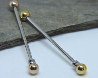 Industrial Barbell - Double Pierced Earring - Surgical Steel Barbell - 16G or 14G Scaffold Barbell Ear Bar - Rose or Yellow Gold Ball Ends