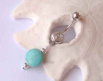 Belly Button Ring - Belly Button Jewelry - Turquoise Magnesite Gemstone Dangle with Corrugated Rounds - Belly Rings - Dangle Belly Jewelry