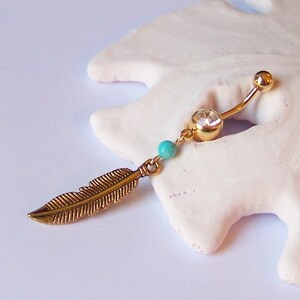 Gold Belly Button Ring - Belly Button Jewelry - Belly Ring - Gold Feather With Turquoise Magnesite - Turquoise Belly Rings - Ready to Ship