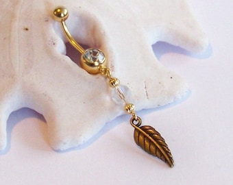 Gold Belly Button Ring - Gold Leaf with Opal Crystal Belly Button Jewelry - Belly Button Jewelry Made to Order