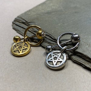 GOLD ONLY Vertical Hood Piercing Pentagram Drop Barbell - 14G 12G 10G Straight or Curved Bar Slave Ring Gold or Silver VCH Intimate Jewelry