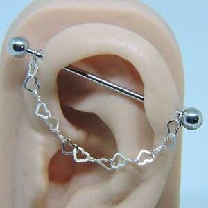 Chained Industrial Barbell - Sterling Silver Heart Chain - Double Pierced Ear - 16 or 14 Gauge Industrial Barbell - Made to Order