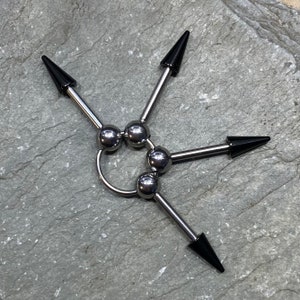 NEW Four Way Pierced Industrial Barbell 14G  1 1/4"  1 3/8"  1 1/2" Industrial 4 Point Bar Scaffold - Custom Length Bars - Choose Spikes