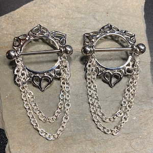 Nipple Jewelry - Tribal Hearts Nipple Shields SET of 2 - 14G or 12G Barbells 5/8&quot; Diameter Opening - Rhodium Plated Chained Nipple Rings