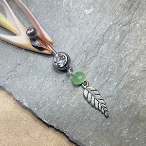 ONLY 2 AVAILABLE Belly Button Ring Piercing Barbell - Navel Piercing - Silver Leaf Charm with Sea Green Glass Bead - Made to Order
