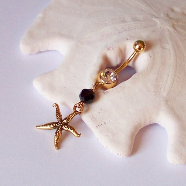 Gold Belly Button Ring - Belly Button Jewelry - Gold Belly Ring - Gold Starfish Charm with Black Crystal