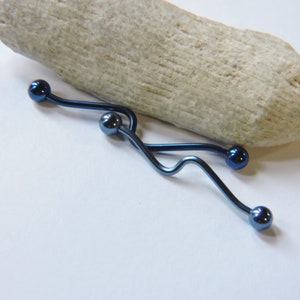 Industrial Barbell - Waved Industrial Piercing BLUE Ion Plated 16G 1 1/2" - 14G 1 1/4" or 1 1/2" Wave Scaffold Upper Ear Bar Limited Edition