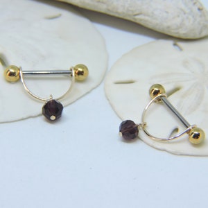 Gold Nipple Barbells - SET OF 2 - 14G or 12G Yellow Gold Nipple Shield Stirrup Rings - Gold Filled and Crystal Nipple Jewelry - Choose Color