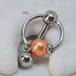 Vertical Hood Piercing Barbell 14G 12G 10G  VCH Straight or Curved Genital Bar - Tangerine Pearl Doorknocker Slave Ring - Clit Ring Jewelry