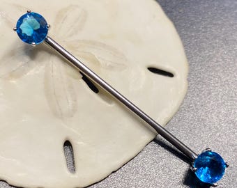 Aquamarine Crystal Industrial Barbell 14G Custom Length External Thread Piercing Bar