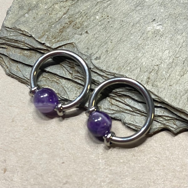 Captive Rings - 1 or Set of 2 - 16G 14G 12G 10G Universal Body Jewelry - Genuine Amethyst CBR 1/2" 7/16" 5/8" 3/4" Ear Belly Nipple