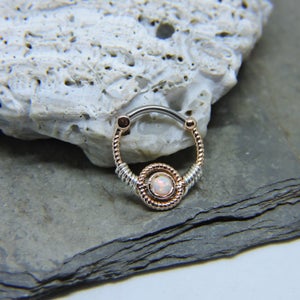 Rose Gold Septum Clicker Hoop Ring - 16G 1/2" - Cartilage Daith Clicker Ring Jewelry WHITE OPAL - 14K Yellow or Rose Gold Sterling Wrap Hoop