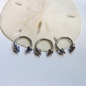 May include: Three silver horseshoe shaped rings with a pointed end on each side. The points are decorated with blue, red, and white stripes.