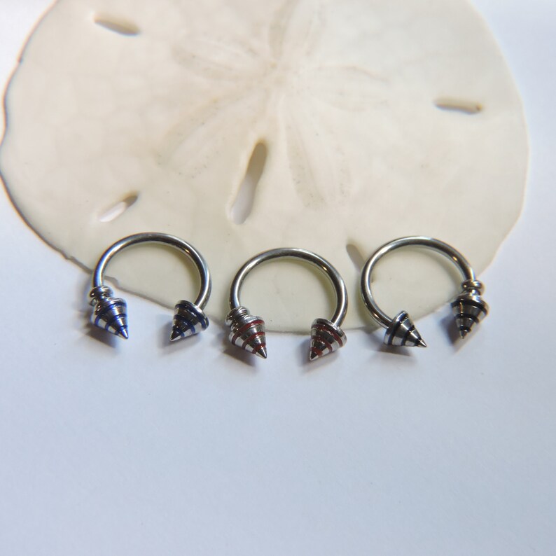 May include: Three silver horseshoe shaped rings with a pointed end on each side. The points are decorated with blue, red, and white stripes.