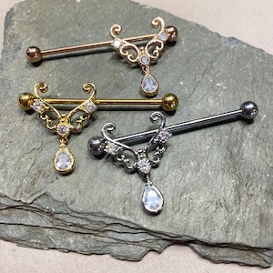 Industrial Barbell - Movable Gold or Silver Fancy Crystal Adornment - Double Pierced Ear 14G 1 1/4” 1 3/8” 1 1/2” Scaffold Piercing