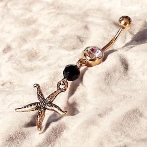 Gold Belly Ring - Belly Button Jewelry - Gold Belly Button Ring - Gold Starfish Charm with Black Crystal - Made to Order