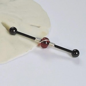 Black Industrial Barbell - 14 Gauge Ear Bar 1 1/4&quot; 1 3/8&quot; 1 1/2&quot; Industrial Piercing - Wire Wrapped Red Bead Sterling Silver Gold Rose Gold