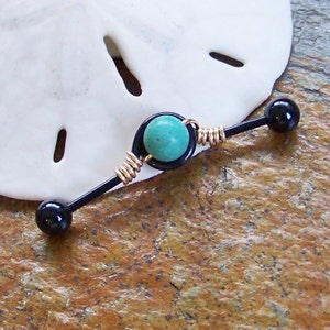 Black Industrial Barbell - 14G 1 1/2" Turquoise Magnesite on Looped Scaffold Bar with Sterling or 14K Rose or Yellow Gold Wrap Cartilage Bar