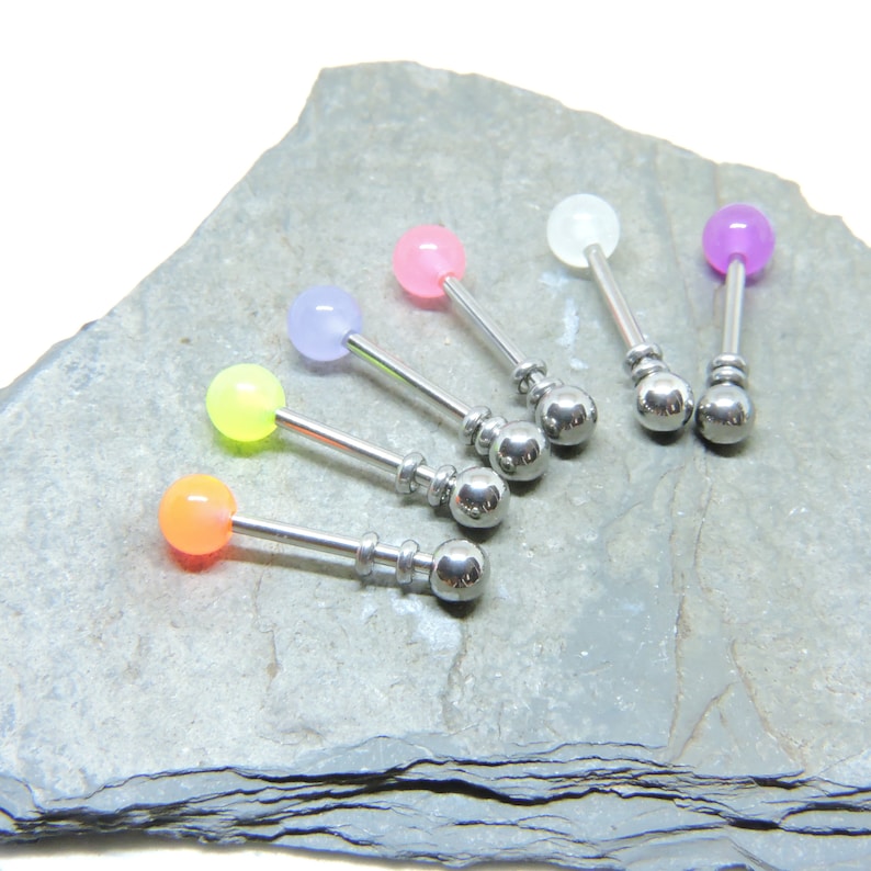 GLOW in the Dark Tongue or VCH Barbell 16G 14G 12G 10G Straight or Curved - 6 COLORS - Tongue Conch Nipple Genital Piercing Jewelry 