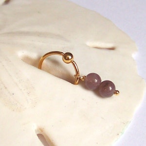May include: Gold hoop nose ring with a dangling charm of two purple gemstone beads.