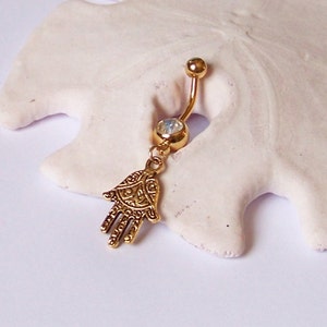 ONLY 3 LEFT Gold Belly Button Ring Gold Belly Jewelry Gold Fatima Hand on Single Jeweled Barbell Made to Order image 4