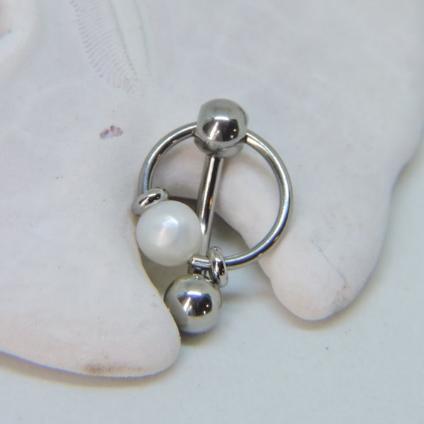 Vertical Hood Piercing Barbell 14G 12G 10G  VCH Straight or Curved Genital Bar - Classic White Pearl Doorknocker Slave Ring - Clit Jewelry