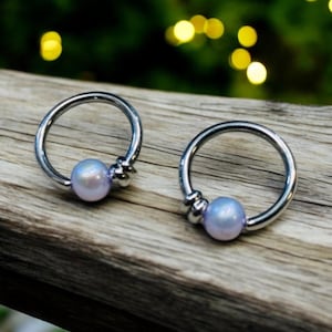 Captive Rings - 1 or Set of 2 - 16G 14G 12G 10G 8G Universal Body Jewelry Lavender Purple Genuine Pearl CBR 1/2&quot; to 3/4&quot; Ear Belly Nipple