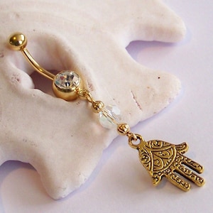 Gold Belly Button Ring - Belly Ring - Belly Button Jewelry - Gold Fatima Hand with AB Finish Crystal on Single Jewel Barbell - Made to Order