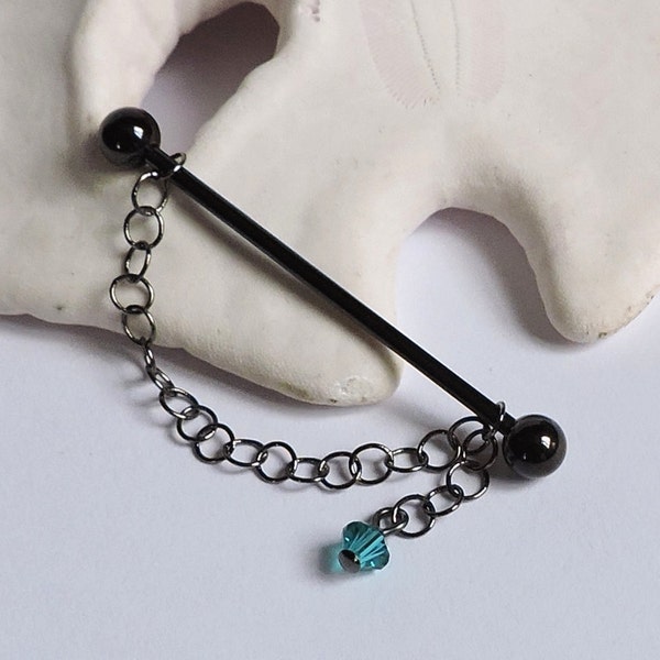 Industrial Barbell - 14G Swarovski Crystal Birthstone and Gunmetal Chain Industrial Ear Bar - Black Anodized Barbell - Made to Order