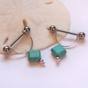Nipple Rings - ONE or a SET of 2 - 16G 14G or 12G Nipple Shield Barbells Stirrup Piercing Jewelry - Sterling Silver and Turquoise Magnesite