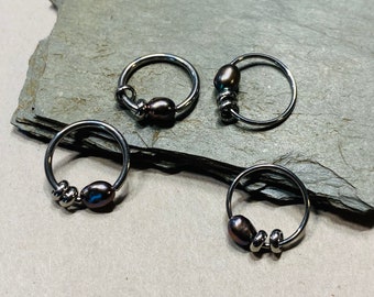 Pearl Captive Bead Ring - 1 or set of 2 - 20G 18G 16G - 5/16" 3/8" Surgical Steel - Tragus Helix Rook Cartilage Nose Eyebrow Tiny Hoop