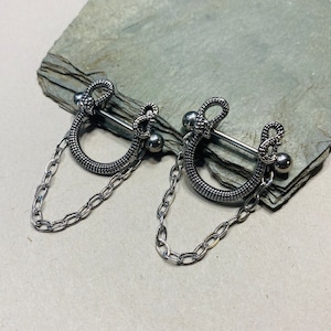 Snake Nipple Shields Stirrups SET of 2 - 14G Barbells 1/2” 5/8&quot; 3/4” Diameter - Rhodium Plated - Stainless Chain Nipple Jewelry Rings